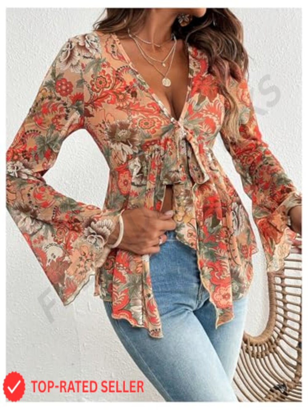 Bell Sleeve Top Tie Front Mesh V Neck Ruffle Peplum Blouse Sheer Long Sleeve - Picture 5 of 6